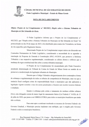 Nota de Esclarecimento do Projeto do Código Tributário