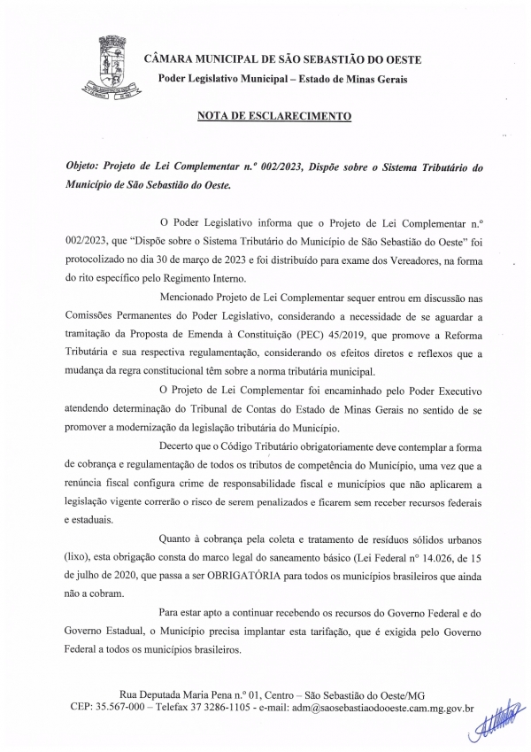 Nota de Esclarecimento do Projeto do Código Tributário